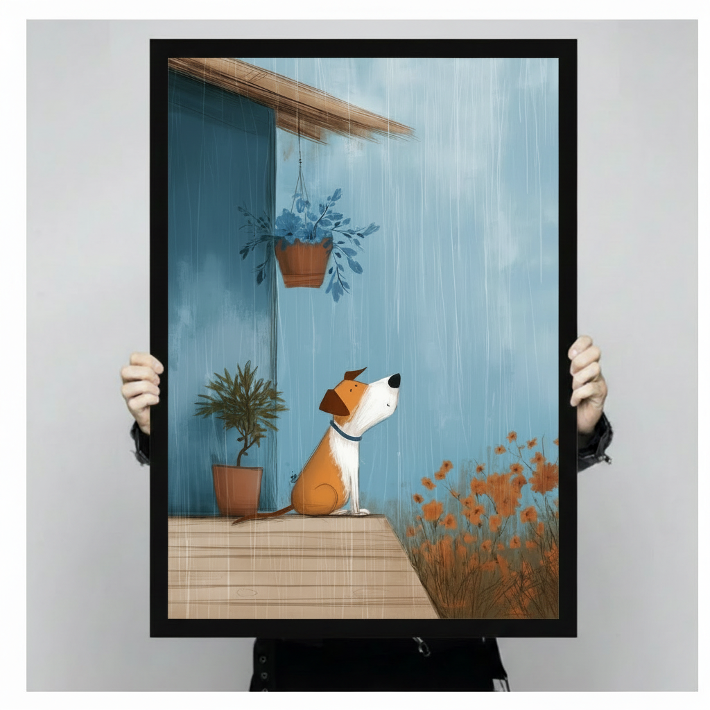 Cute dog sitting in rain on wooden porch art print held up showing full whimsical illustration, puppy looking up at blue rainy sky with hanging plant and orange wildflowers in black frame