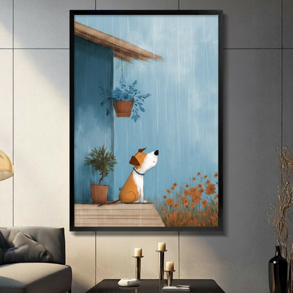 Cute dog sitting on rainy day porch framed wall art in black frame on dark gray wall above console table with candles, whimsical blue rain illustration with orange wildflowers for living room decor