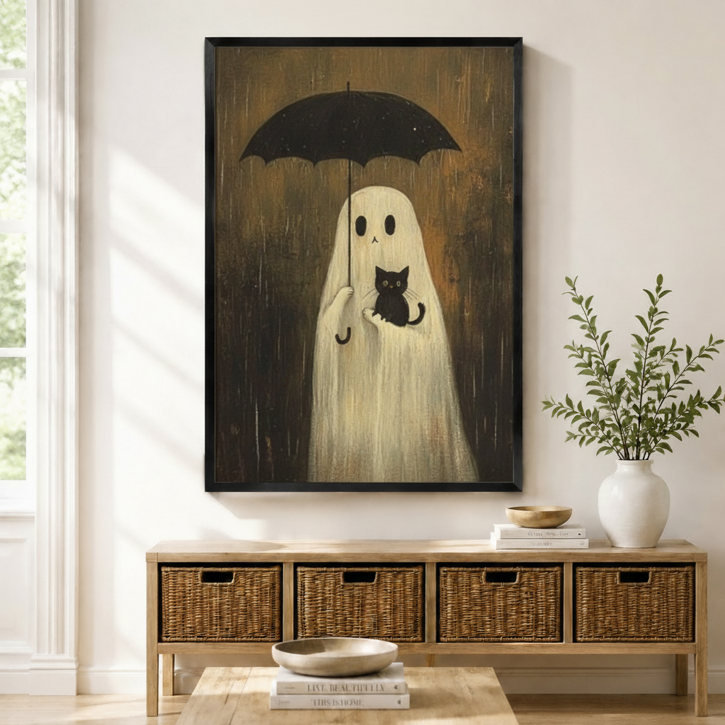 Black framed Halloween ghost with black umbrella cradling a black cat in the rain mounted above a wicker basket storage console with white ceramic vases, stacked books, and a wooden bowl in a warm minimal entryway