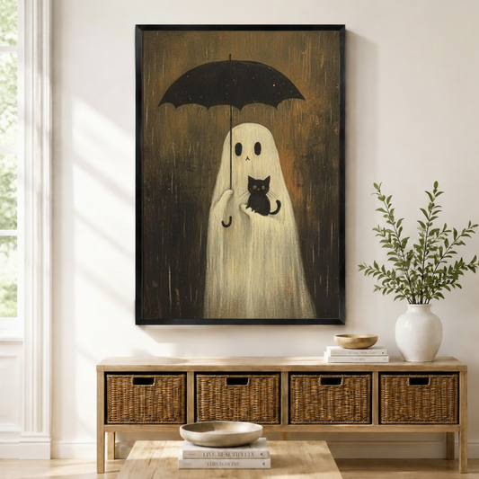 Black framed Halloween ghost with black umbrella cradling a black cat in the rain mounted above a wicker basket storage console with white ceramic vases, stacked books, and a wooden bowl in a warm minimal entryway