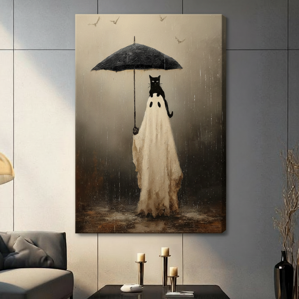 Stretched canvas ghost with cat under umbrella displayed in gray modern living room