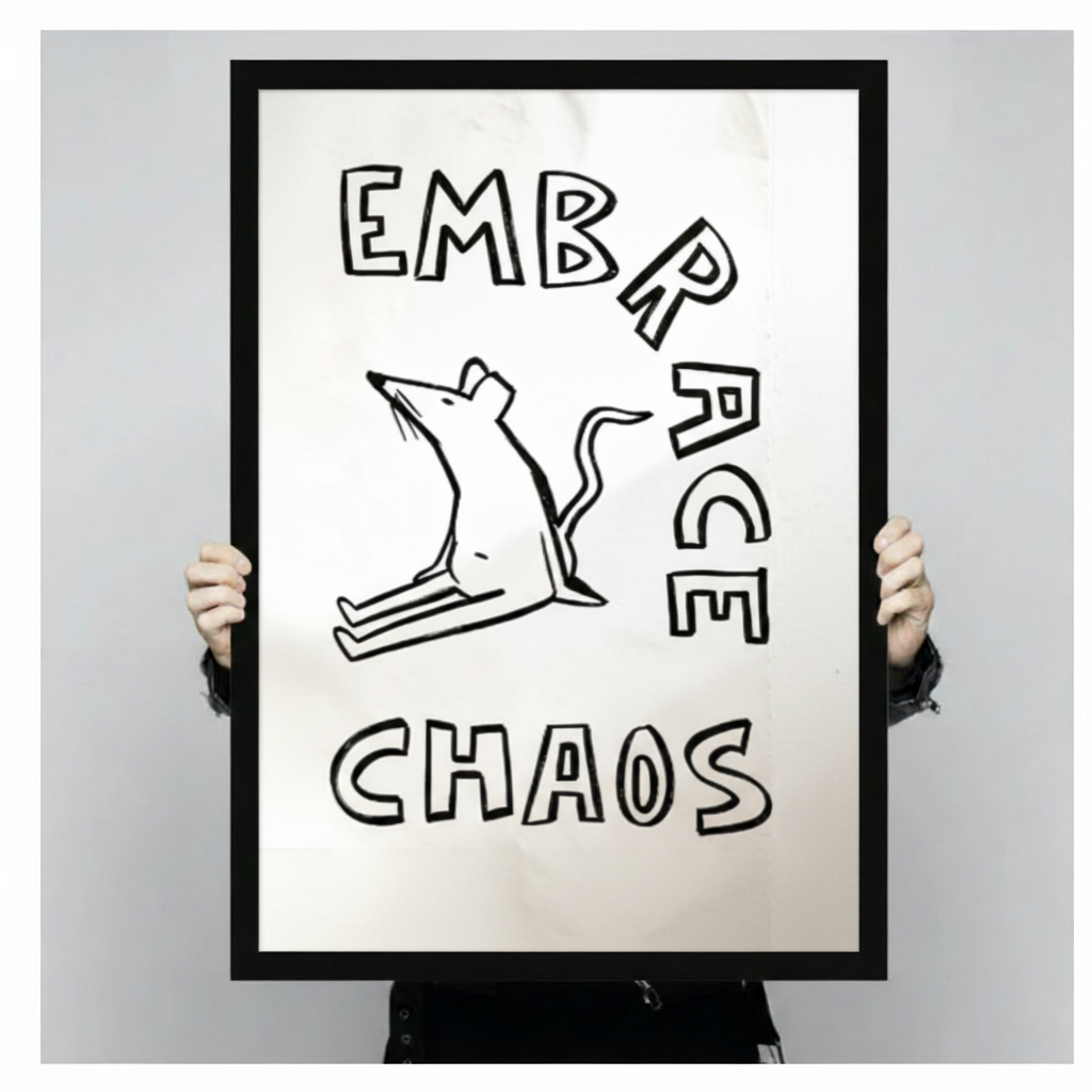 Two hands in black jacket sleeves holding a large black framed minimalist black and white hand-drawn rat with Embrace Chaos bold hand-lettered humor poster canvas art print on white background, front-facing vertical product size display