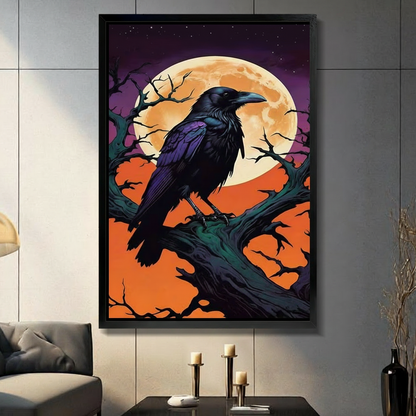 Framed gothic wall art of a dark raven perched on a twisted dead tree branch against a glowing full moon with a bold orange and purple night sky, displayed in a modern dark grey living room