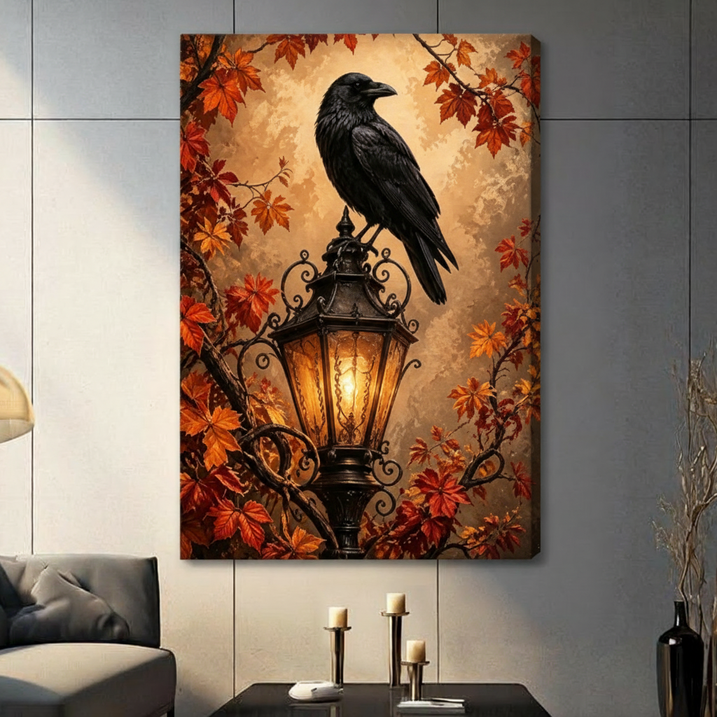 Gallery wrap stretched canvas of a bold black raven with glossy feathers standing atop a decorative iron lantern casting a warm amber glow framed by swirling red orange autumn maple leaves and gnarled branches gothic dark academia oil painting on aged golden brown background hung frameless on a gray tile wall above a dark sofa