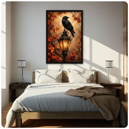 Black framed dramatic gothic raven canvas wall art depicting a sleek black bird perched on a glowing ornate iron street lantern surrounded by swirling red and orange autumn maple leaves and twisted branches dark academia oil painting on warm amber gold textured background hung in bright diagonal sunlight above a dark wood bed with white linen bedding and matching nightstands