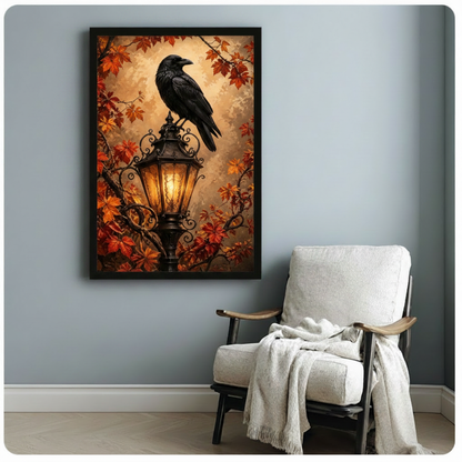 Black framed atmospheric gothic raven oil painting featuring a proud black crow perched on an elaborate wrought iron lamp post with a glowing warm interior light encircled by rich red and orange fall maple leaves and twisting vines dark academia canvas print on warm amber textured background hung on a blue-gray wall beside a white upholstered armchair with cream throw