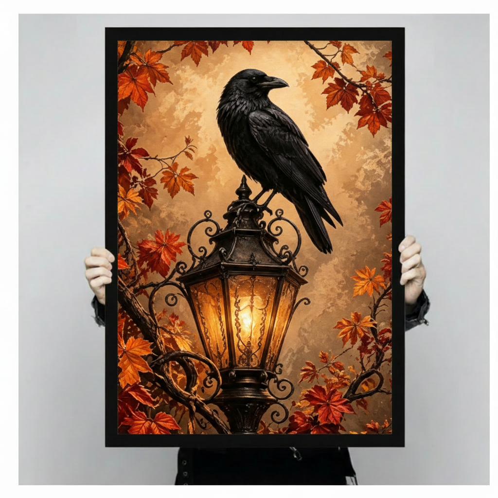 Two gloved hands holding a large black framed gothic dark academia oil painting of a raven with full glossy plumage perched on an ornate iron lantern glowing amber surrounded by vivid red orange autumn maple leaves and curling branches on a warm golden brown background, front-facing vertical product size display