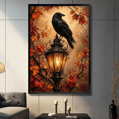 Black framed gothic dark academia oil painting of a majestic black raven perched on top of an ornate wrought iron street lantern glowing with warm candlelight surrounded by vivid red and orange autumn maple leaves and twisted branches on a warm golden brown textured background canvas wall art displayed in a modern gray living room with dark sofa and candlesticks
