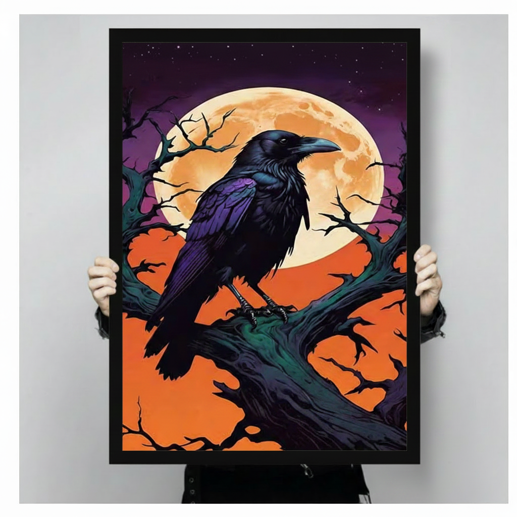 Close-up size reference of a black-framed gothic raven art print showing a dark crow perched on a gnarled branch with a golden full moon and orange night sky, held by two hands