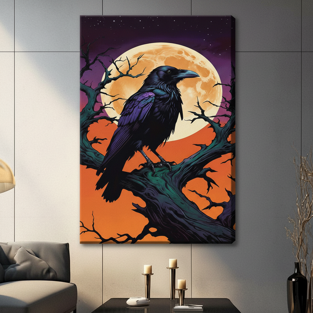 Unframed canvas print of a dramatic black raven with iridescent purple feathers sitting on a gnarled tree branch beneath a large golden full moon on an orange and purple background, hung in a contemporary grey living room