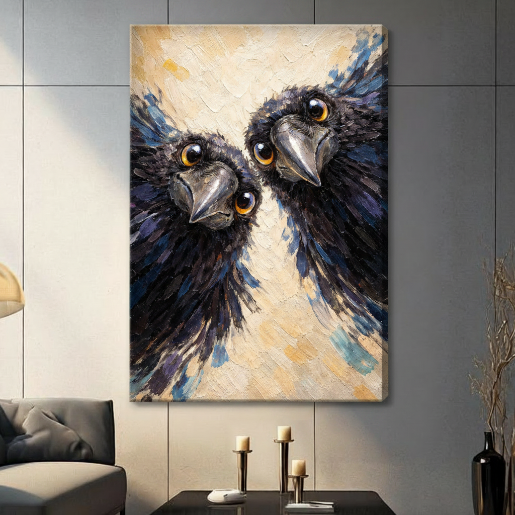 Expressive thick impasto oil painting of two curious black crows with bright golden-yellow round eyes and grey curved beaks leaning in face-to-face their wild dark blue-black feathers spreading across the composition against a warm cream and soft blue textured background stretched canvas wall art print hanging in a contemporary living room with dark gray tiled wall