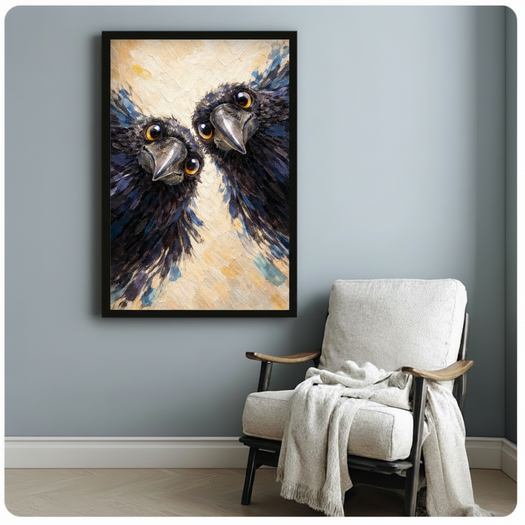 Dramatic impasto oil painting of a pair of black ravens with intense amber-gold eyes and silver curved beaks facing each other in extreme close-up their wild dark feathers with blue-purple iridescent tones spreading outward against a warm beige and sky blue textured brushstroke background bold expressive bird art framed art poster displayed beside a white fabric lounge chair with draped throw blanket against a soft blue-gray wall