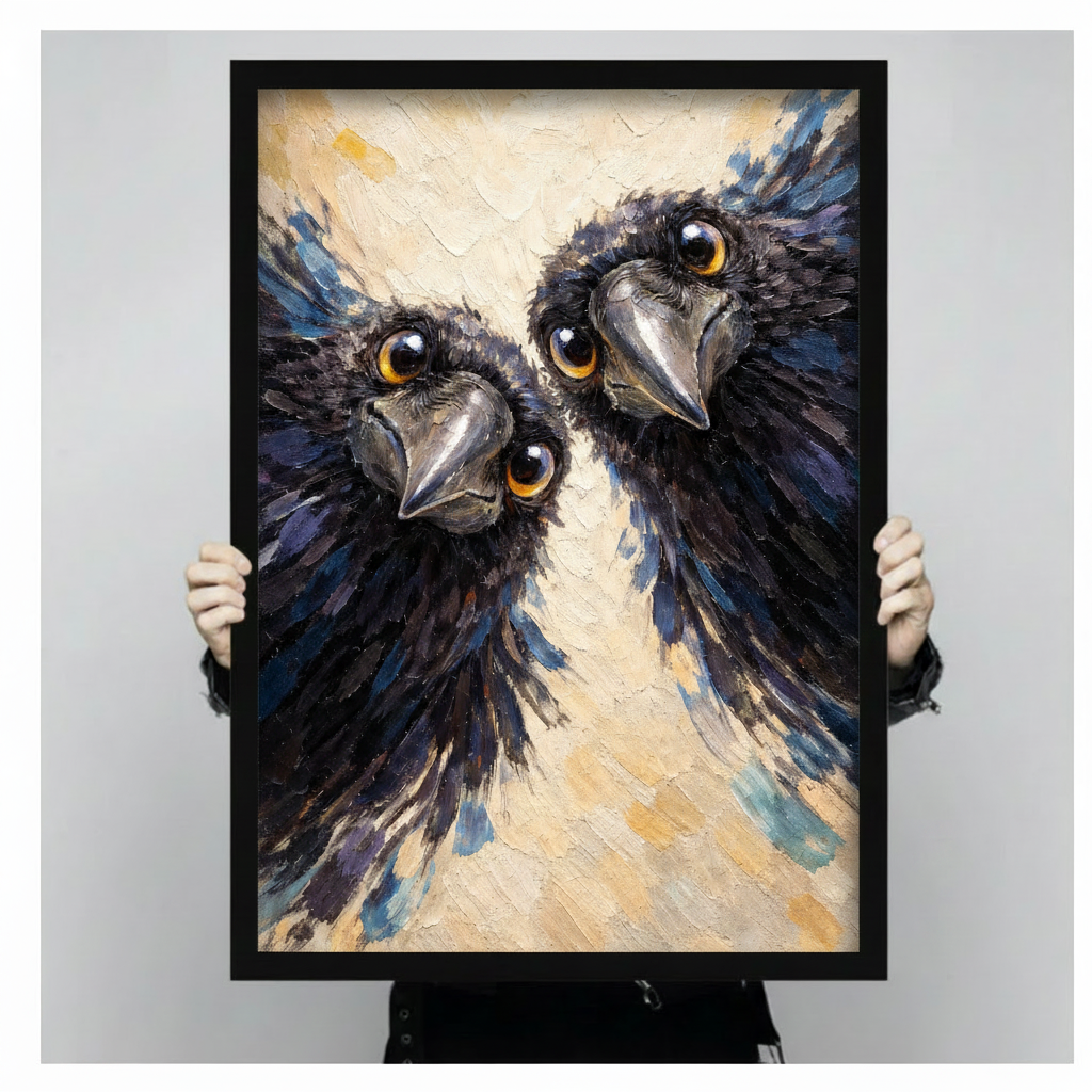 Quirky impasto oil painting of two black ravens with glowing amber-gold eyes and silver hooked beaks crowding together in extreme close-up their ruffled dark blue-black feathers spreading across the canvas with bold palette knife texture against a warm cream and golden yellow abstract brushstroke background funny raven duo framed wall art print held up for size reference against a light gray neutral background