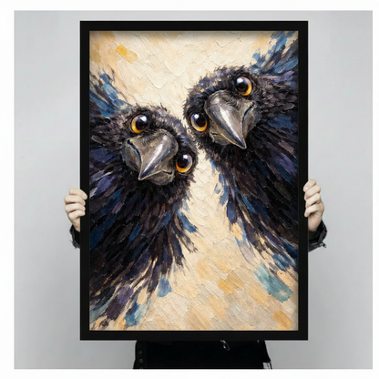 Quirky impasto oil painting of two black ravens with glowing amber-gold eyes and silver hooked beaks crowding together in extreme close-up their ruffled dark blue-black feathers spreading across the canvas with bold palette knife texture against a warm cream and golden yellow abstract brushstroke background funny raven duo framed wall art print held up for size reference against a light gray neutral background