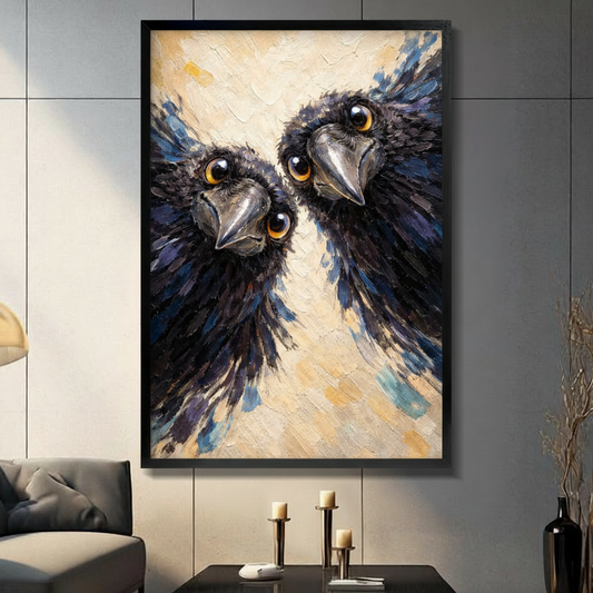 Bold impasto oil painting of two black ravens with striking golden amber eyes and silver hooked beaks pressing their faces close together filling the canvas with ruffled dark blue-black feathers against a creamy white and pale blue brushstroke background humorous bird close-up framed wall art print displayed in a living room with dark gray sofa, pillar candle holders, and black decorative vase