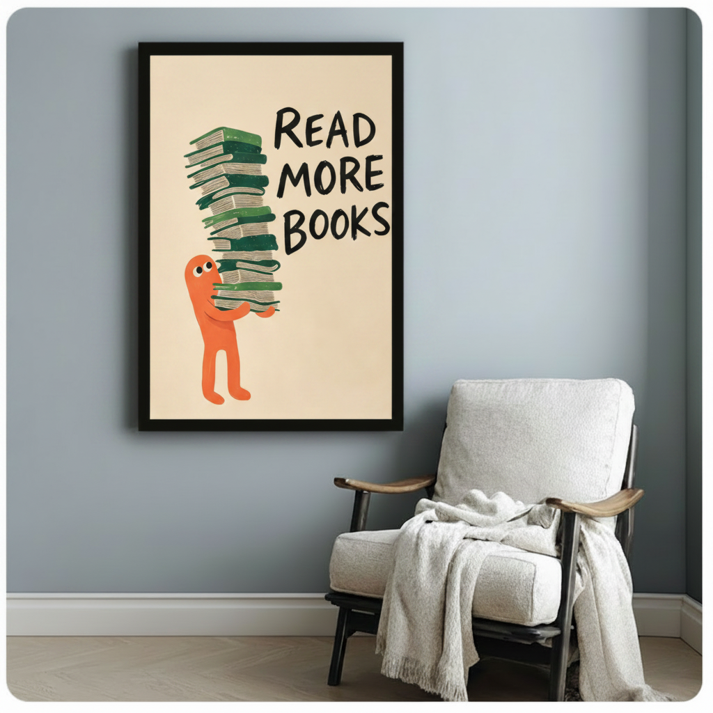 Read More Books black framed art print hanging on light blue-gray wall above white linen armchair with throw blanket, funny book lover wall decor