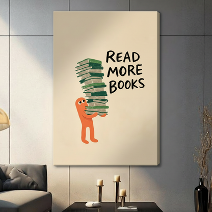 Read More Books gallery wrapped canvas art in contemporary living room setting, frameless canvas with orange book character and green stacked books, beige background