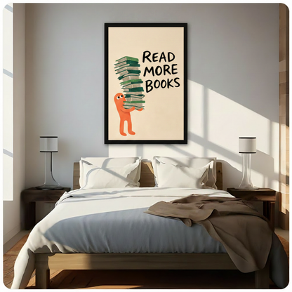 Read More Books framed wall art print hung above bed in bright bedroom with natural sunlight, black frame, beige print with orange character and green books, cozy reading room decor