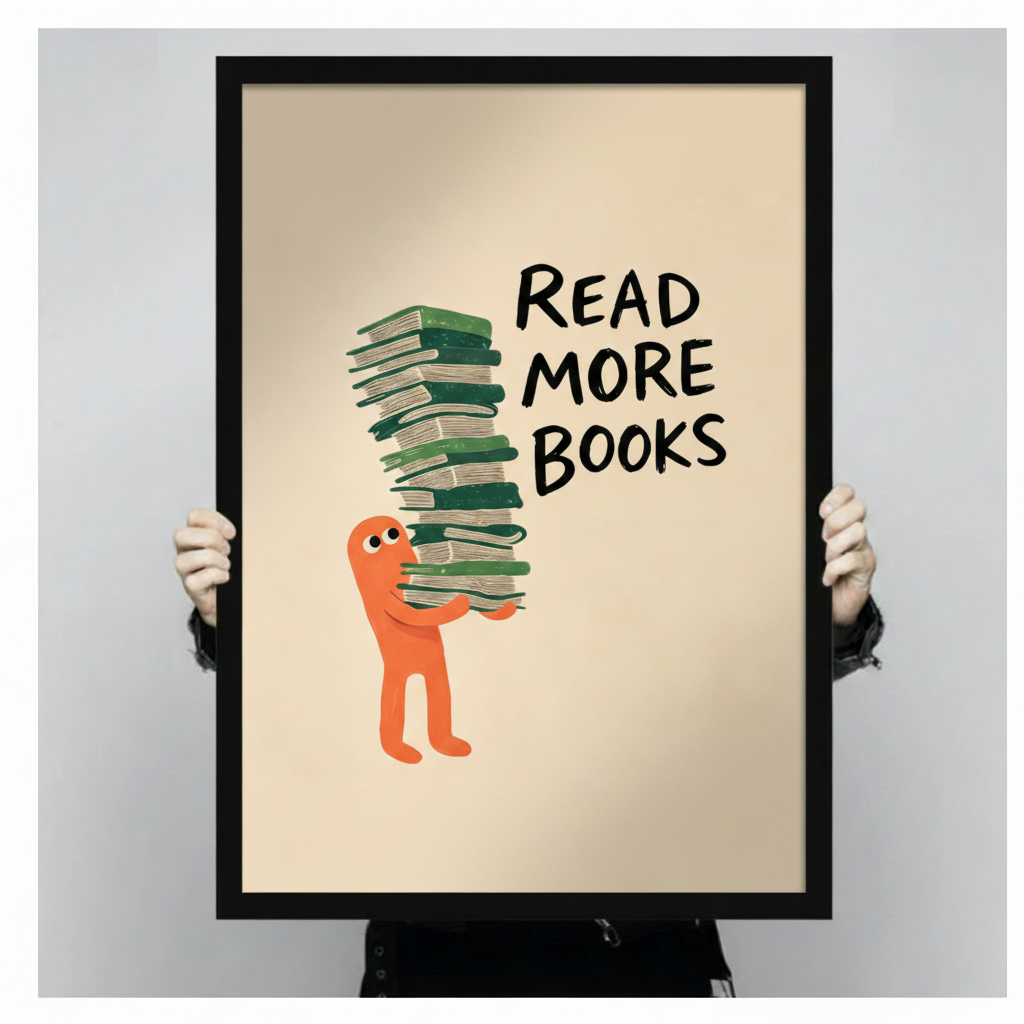 Read More Books framed poster held up against gray background showing full print with orange cartoon character carrying tall stack of green books, black frame close-up