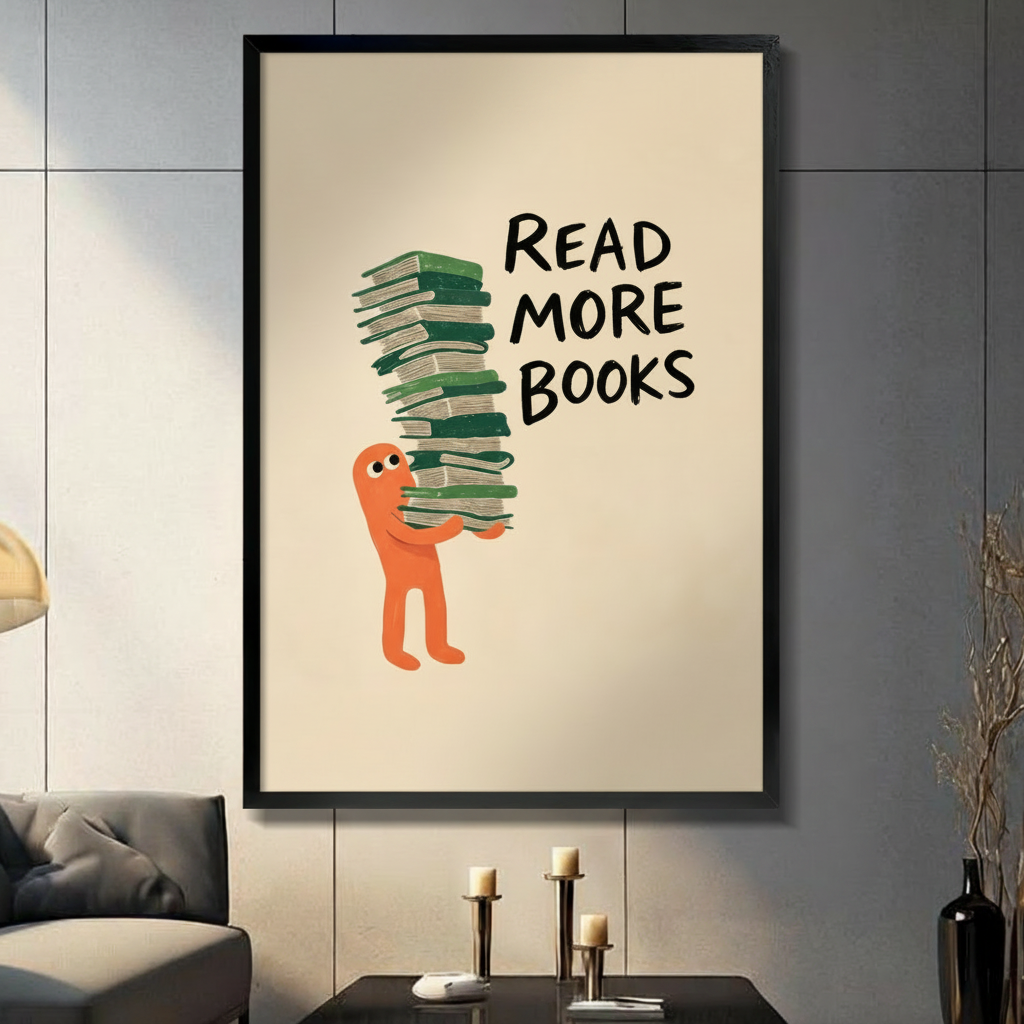 Read More Books framed wall art print displayed in modern living room above candle holder table, black frame, beige background with orange cartoon character holding stack of green books