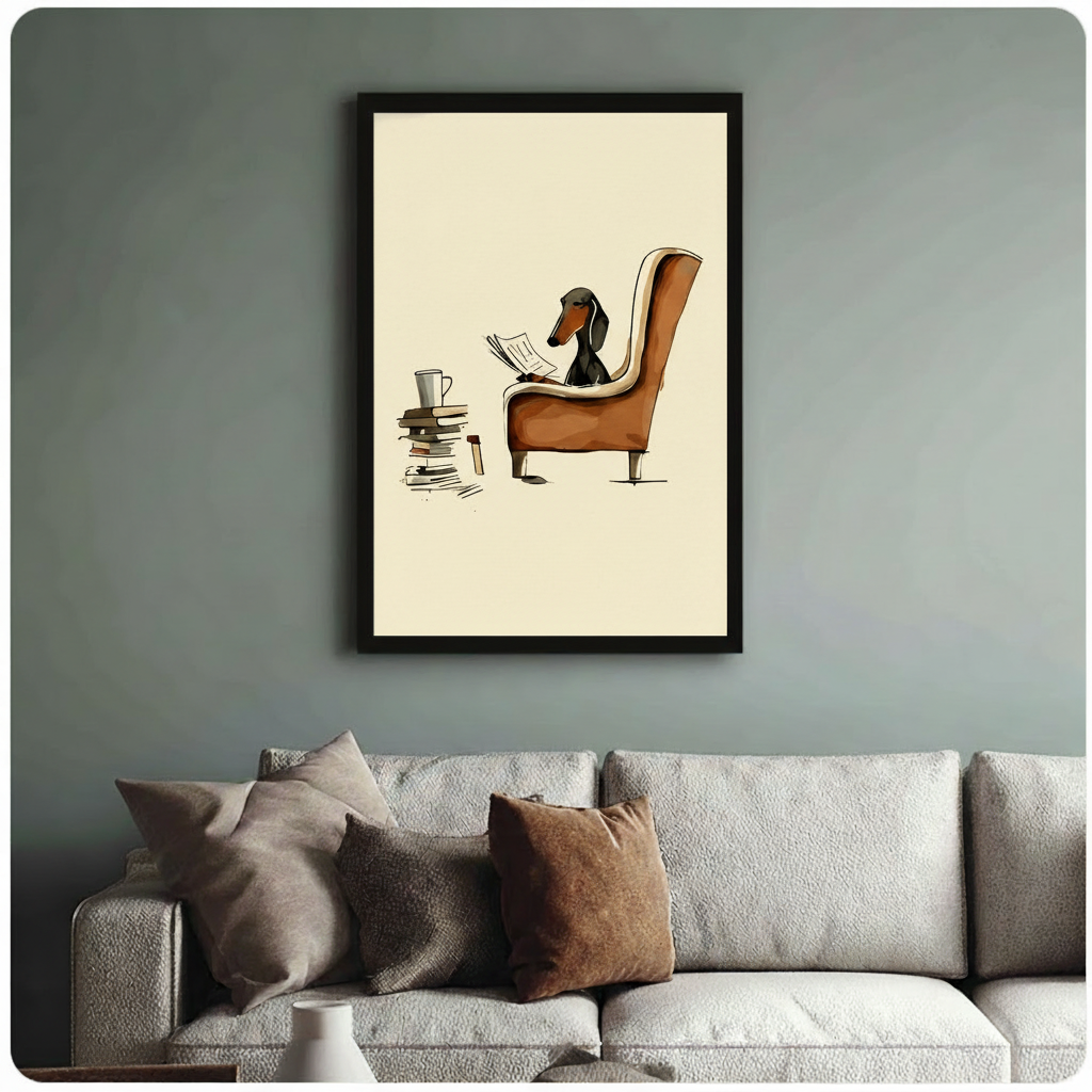 Framed minimalist art print of a dachshund relaxing in a wingback chair with a newspaper and a stack of books, styled above a neutral linen sofa on a sage green wall