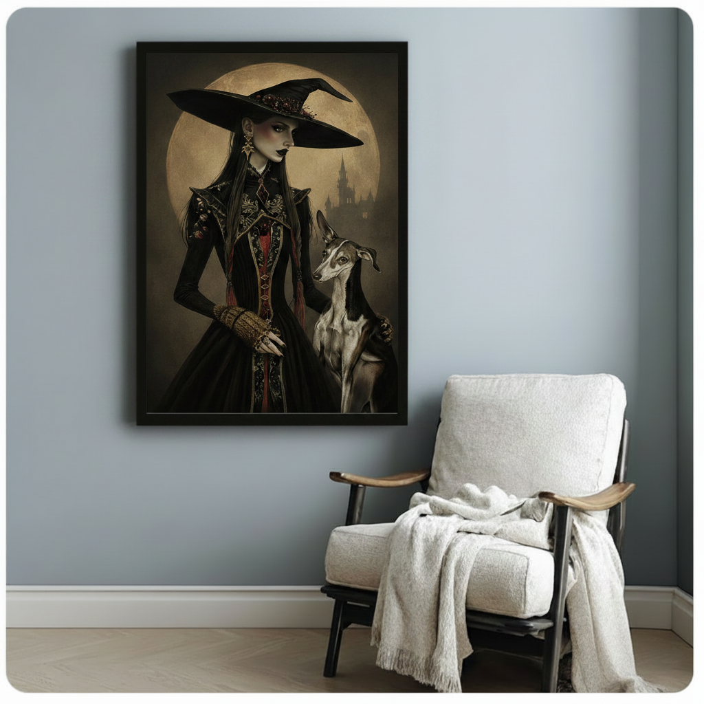 Gothic witch and greyhound dark fantasy framed canvas art on blue-gray wall beside white armchair with knit throw blanket