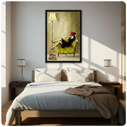 Reading woman canvas wall art hangs above a bright bedroom with white bedding and warm wooden accents.