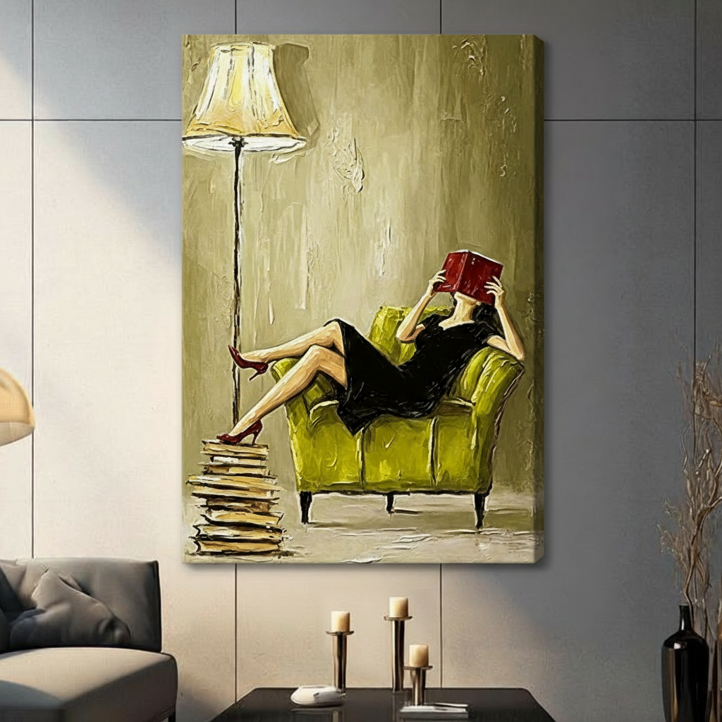 Stretched canvas artwork features a woman reading in a green chair with visible side depth and realistic wall shadow.