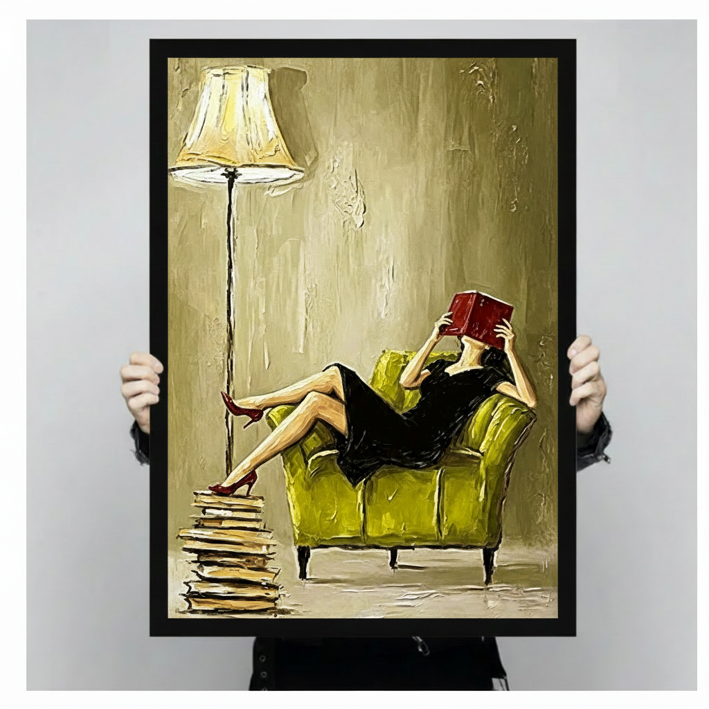 Hands hold framed reading woman canvas art, highlighting the expressive green chair, red book, and textured brushwork.