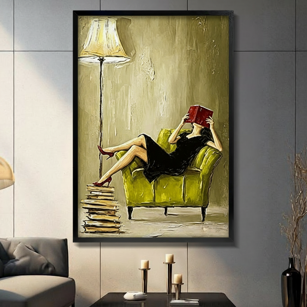 Framed canvas wall art shows a woman reading in a lime-green chair above a modern living room.