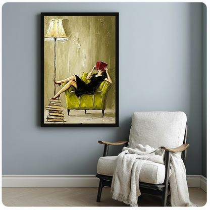 Woman reading in a lime-green armchair beside a floor lamp, books, and soft neutral furnishings.