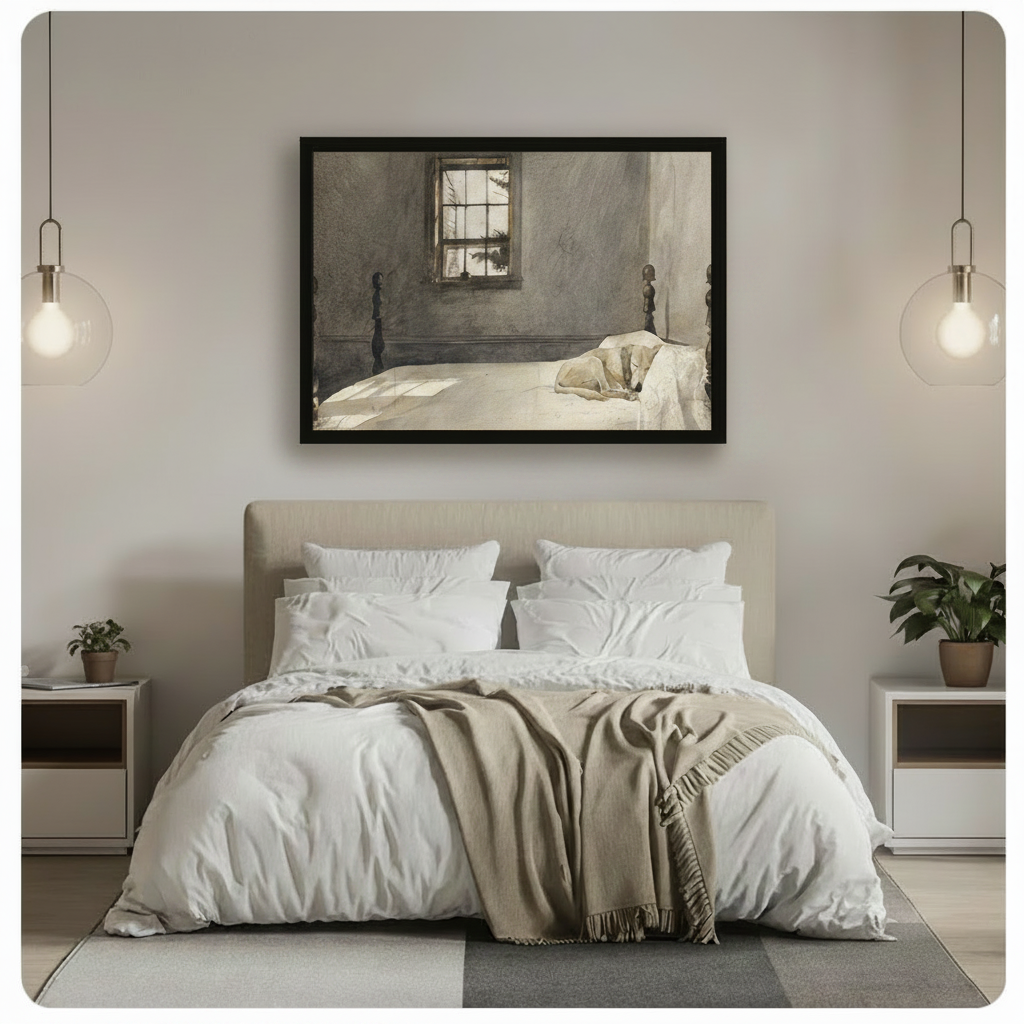 Framed American realist oil painting cream greyhound dog curled up sleeping on white linen four poster bed with soft morning sunlight streaming through grid window casting shadows on grey plaster wall canvas print above upholstered linen headboard bed with white duvet and caramel throw in minimalist bedroom with twin globe pendant lights and potted plants - serene sleeping dog bedroom scene wall art for contemporary bedroom decor