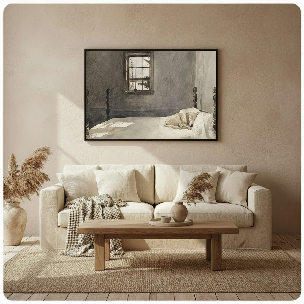 Framed American realist oil painting pale golden greyhound resting peacefully on rumpled white bedding atop dark wood four poster bed with warm window light filtering through paned glass onto muted grey interior canvas print on warm beige plaster wall above cream linen sofa with gingham throw and dried pampas grass vase - tranquil sleeping dog bedroom interior wall art for cozy Japandi living room decor