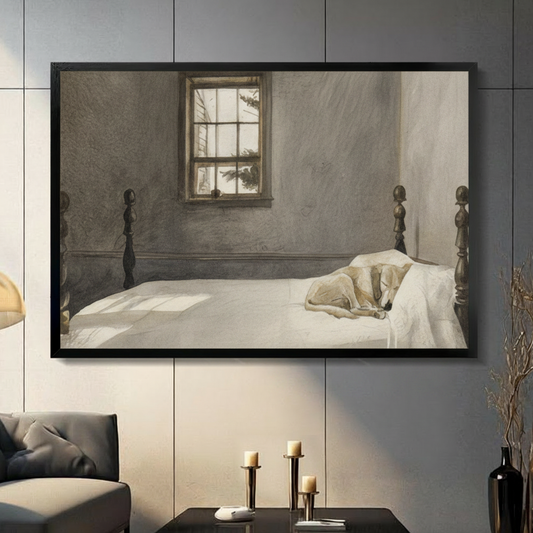 Framed American realist oil painting cream greyhound dog curled up sleeping on white linen four poster bed with soft morning sunlight streaming through grid window casting shadows on grey plaster wall canvas print on dark grey tile wall in modern living room with charcoal sofa and brass candlesticks - serene sleeping dog four poster bedroom scene wall art for contemporary home decor