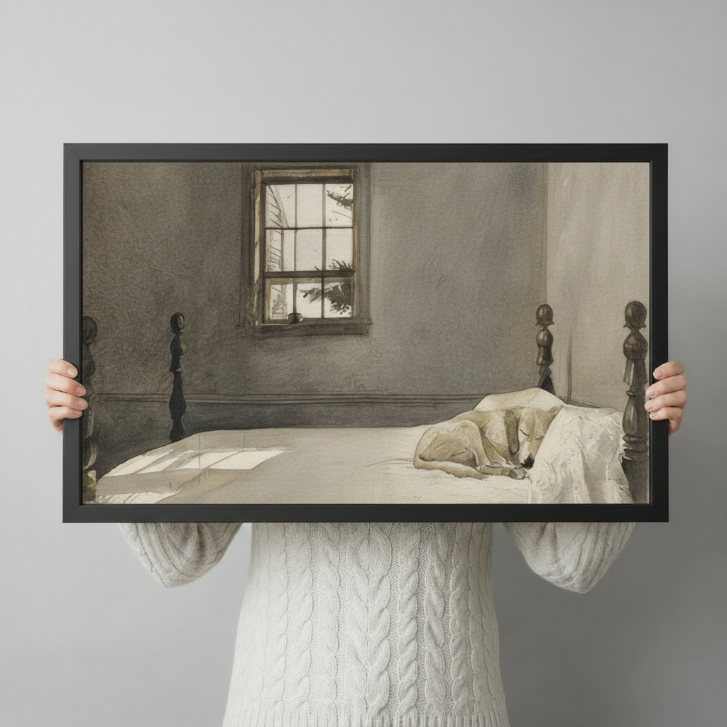 Person holding large framed American realist oil painting cream greyhound dog curled up sleeping on white linen four poster bed with soft morning sunlight streaming through grid window casting shadows on grey plaster wall canvas print with both hands against neutral grey background - close up size reference of serene sleeping dog four poster bedroom scene wall art with black frame finish