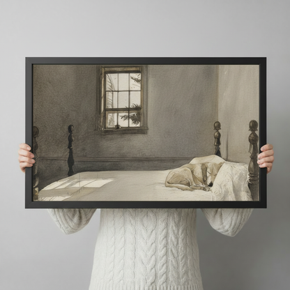 Person holding large framed American realist oil painting cream greyhound dog curled up sleeping on white linen four poster bed with soft morning sunlight streaming through grid window casting shadows on grey plaster wall canvas print with both hands against neutral grey background - close up size reference of serene sleeping dog four poster bedroom scene wall art with black frame finish