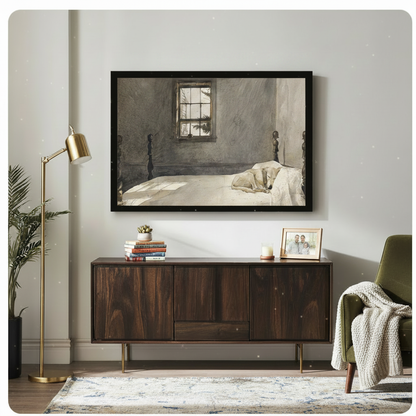 Framed American realist oil painting pale golden greyhound resting peacefully on rumpled white bedding atop dark wood four poster bed with warm window light filtering through paned glass onto muted grey interior canvas print on light grey wall above dark walnut sideboard with stacked books succulent and family photo beside brass floor lamp and olive green velvet armchair - tranquil sleeping dog bedroom interior wall art for sophisticated eclectic living room decor