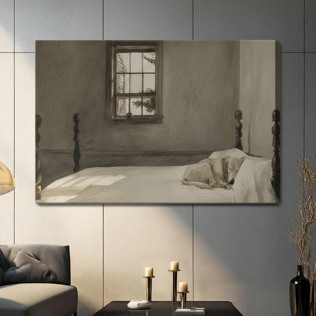 Unframed American realist oil painting pale golden greyhound resting peacefully on rumpled white bedding atop dark wood four poster bed with warm window light filtering through paned glass onto muted grey interior canvas print on dark grey tile wall in contemporary living room with charcoal sofa and pillar candles - tranquil sleeping dog bedroom interior wall art for modern home decor