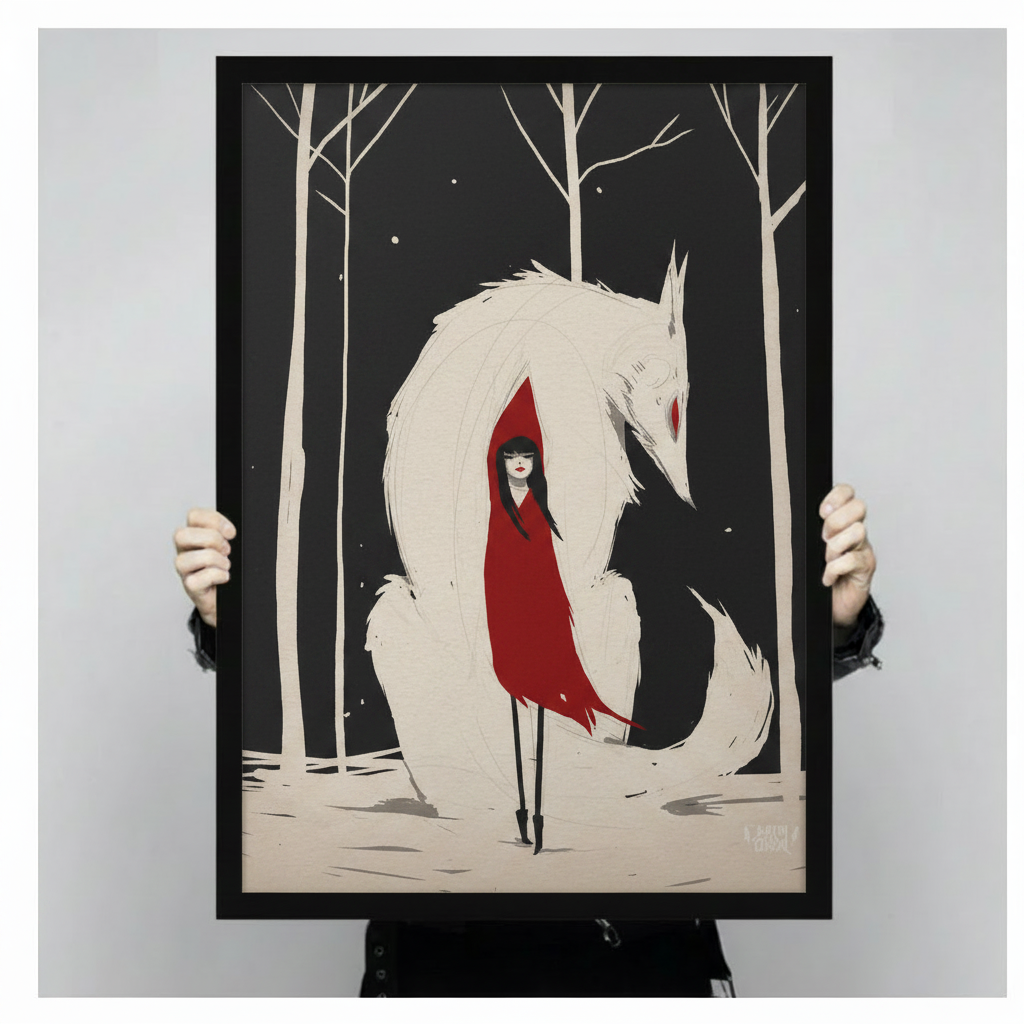 Hand-held framed wall art showing a girl in a flowing red cloak standing before a large white wolf amid bare trees and falling snow
