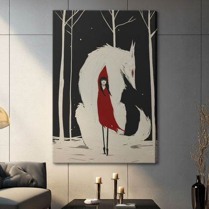 Gallery-wrapped canvas featuring a mysterious girl in a red cape sheltered by a massive white wolf among bare winter trees, hung in a contemporary living space