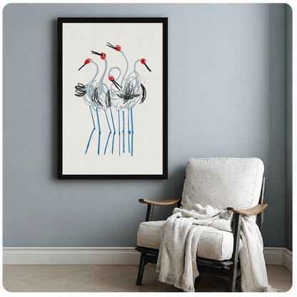 Red crown crane group framed poster print beside accent chair on blue-grey wall, elegant line drawing bird art for modern home