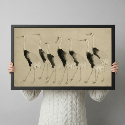 Japanese ink wash painting of six red-crowned cranes walking in a row with white plumage black wings and slender legs in varied head poses on an aged parchment background elegant crane wall art framed print held against a light gray background