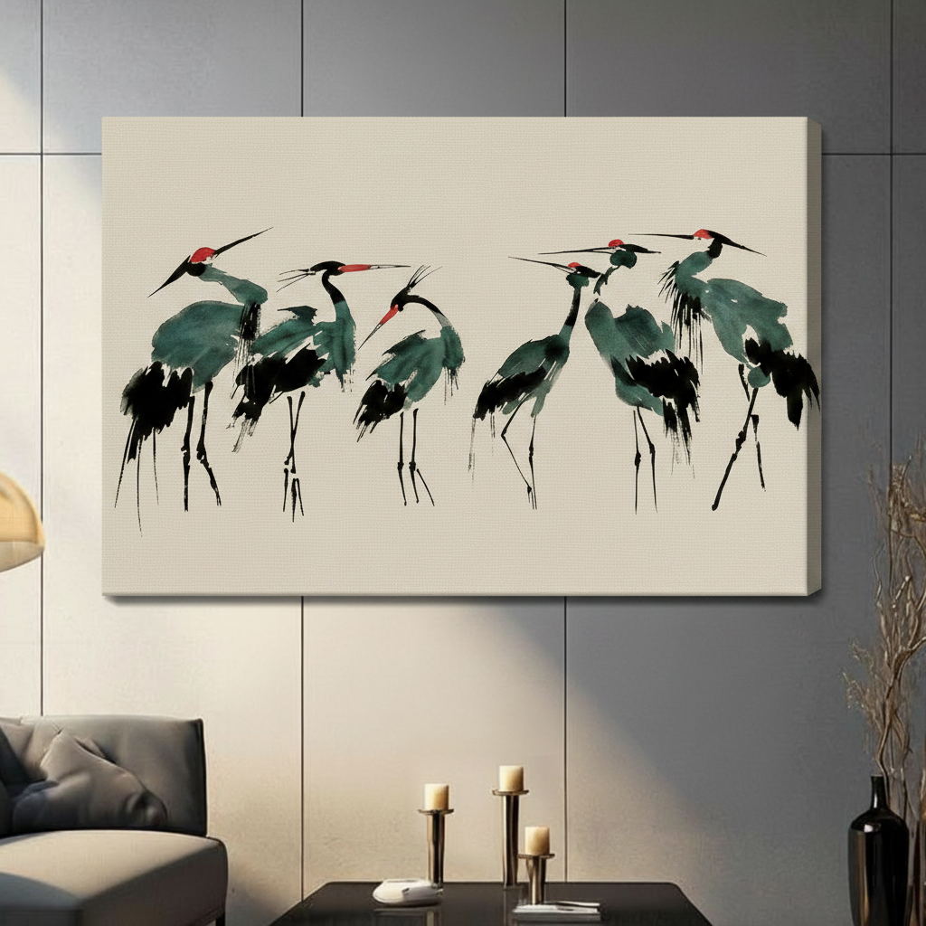 Red-crowned crane ink wash art on stretched canvas, unframed wall decor in contemporary living room setting