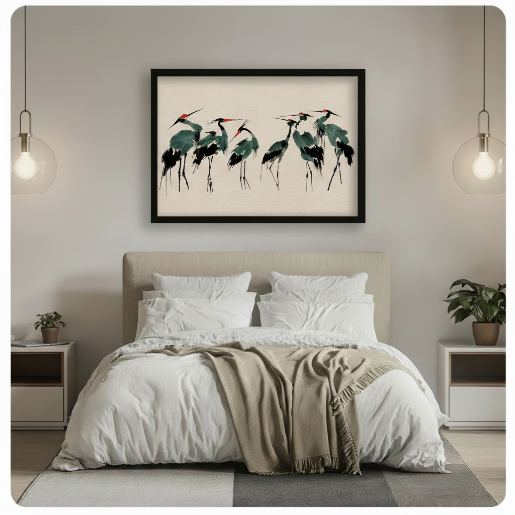 Red-crowned crane Chinese ink painting in black frame above bed, minimalist bedroom wall art decor