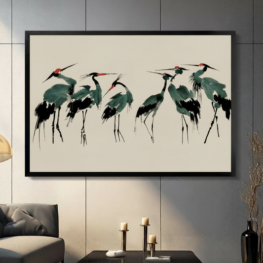 Red-crowned crane Chinese ink painting in black frame, wall art displayed in modern living room