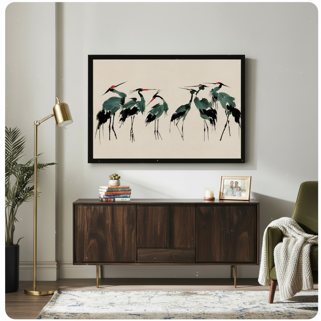 Red-crowned crane ink wash painting framed above wooden sideboard, elegant living room wall art
