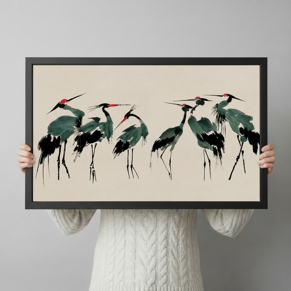Person holding red-crowned crane framed wall art print, showing size and scale of artwork