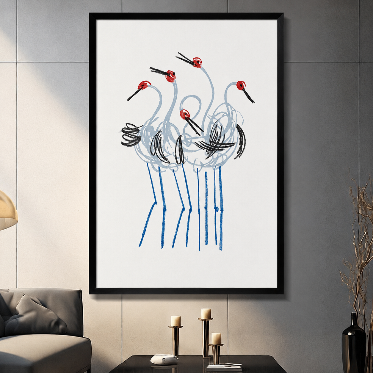 Red-crowned crane flock line art print in black frame displayed in modern living room, minimalist Japanese-inspired bird wall decor
