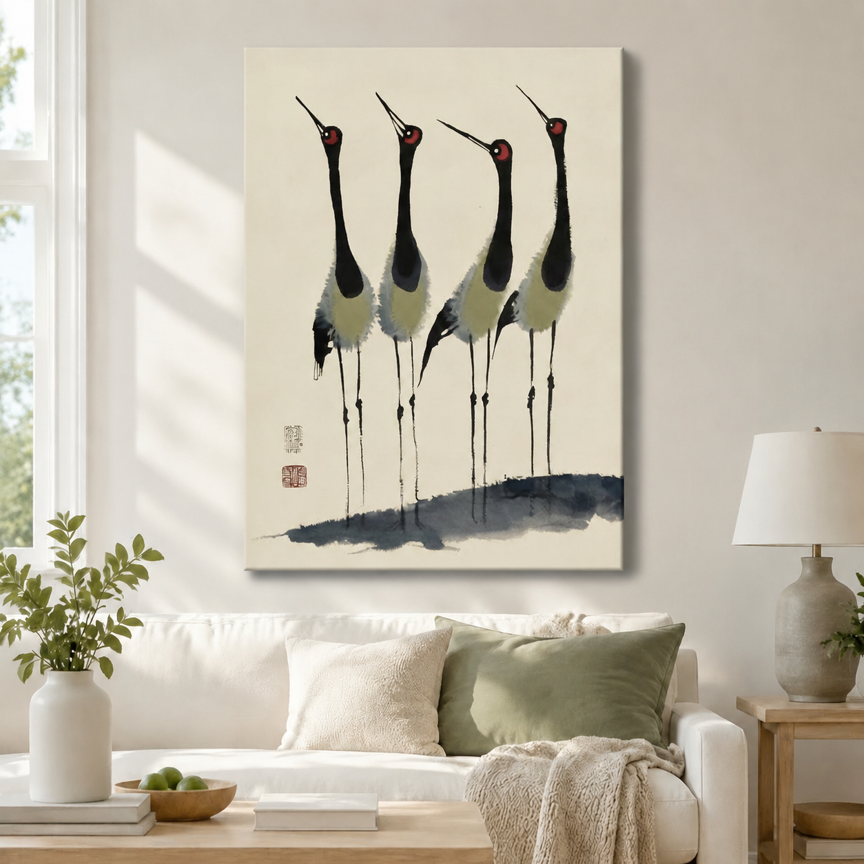 Gallery-wrapped canvas of four red-crowned cranes in traditional Chinese ink wash style with brushstroke shadow and seal stamp hung above a white sofa in a cozy neutral living room