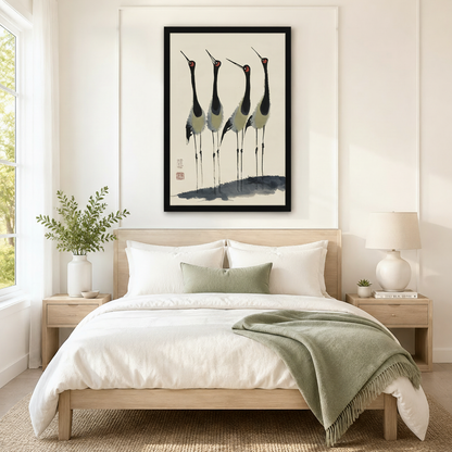 Framed Chinese ink wash painting of four red-crowned cranes with seal stamp hung above a light wood bed with white linen in a serene neutral Japandi bedroom
